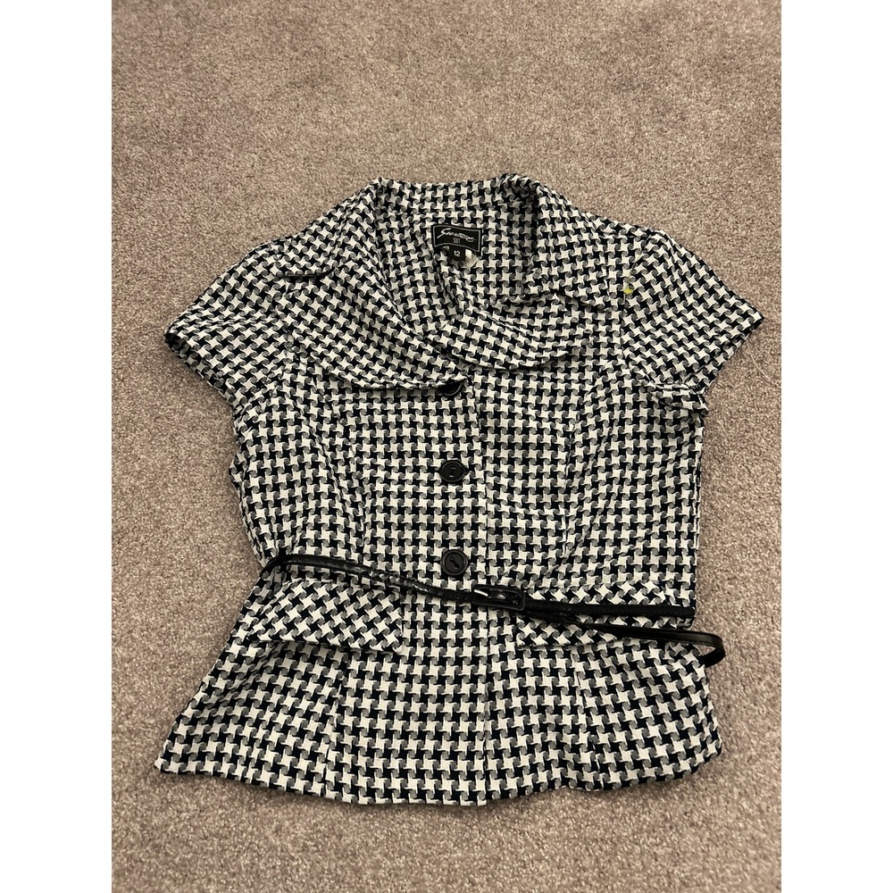 VTG Sweet Suit Top Womens 12 Navy Blue White Excellent Houndstooth Belted Peplum